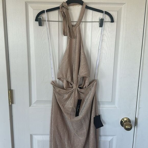 Lulus Glitter and Glam Sparkly Cutout Halter Midi Dress in Cream Size Large - Picture 6 of 8